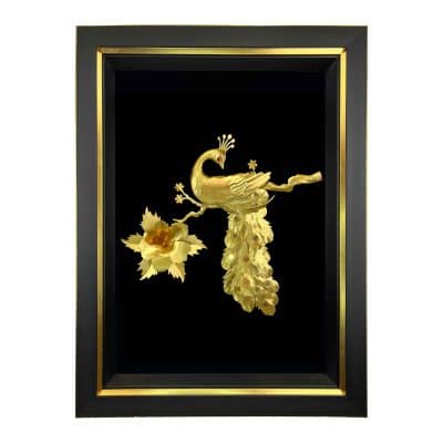 تابلو ورق طلا طاووس کوچک قاب لبه طلایی